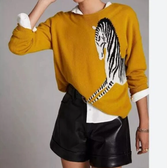 Anthropologie Maeve Cashmere Zebra Sweater Mustard Yellow Preppy XXSP - Picture 1 of 10